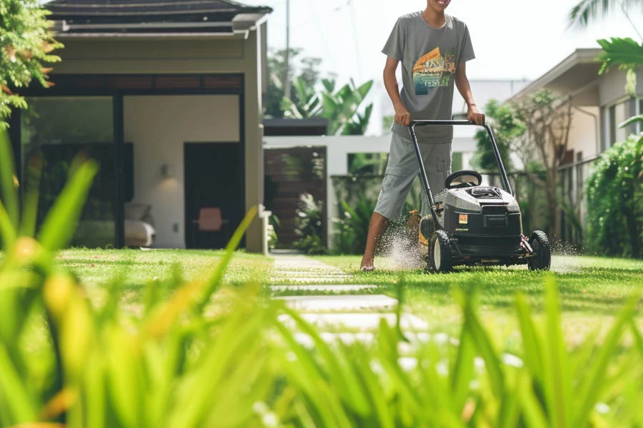 self-propelled electric lawn mower with battery and charger